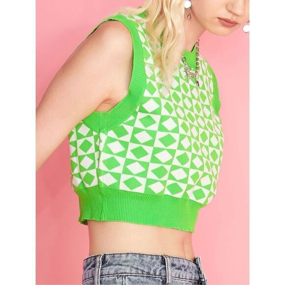 Zara sweater vest diamond pattern green &white Crop Top Size S - Picture 1 of 7